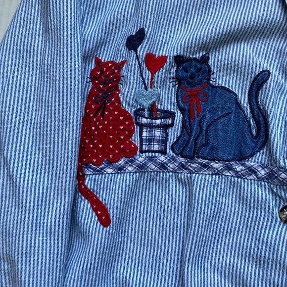 Casey and Max Women Size L Cotton Denim Striped Cat Shirt Button Down - Picture 2 of 5
